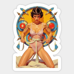 Pink Satin Target Fierce Gaze and Provocative Pinup Pose Against Atomic Backdrop Art Sticker